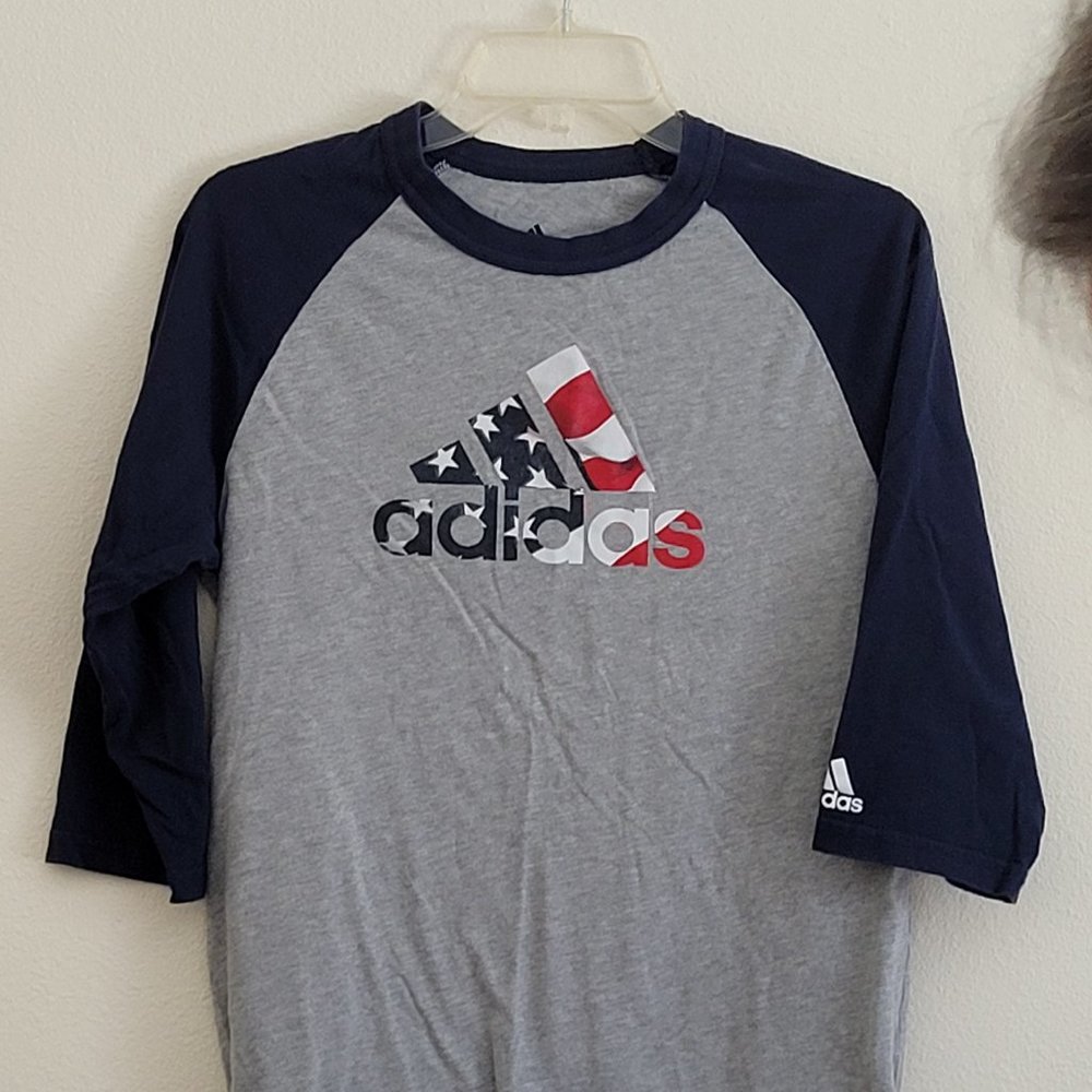 adidas, baseball jersey, blue and gray size s